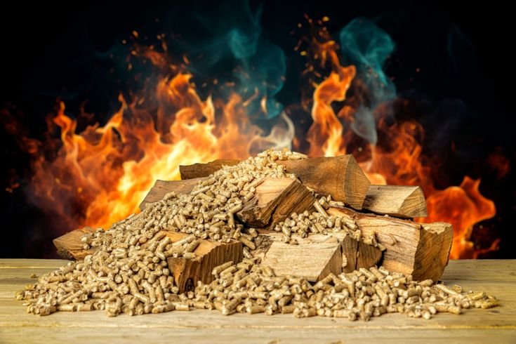 Holz und Pellets vor dem Feuer